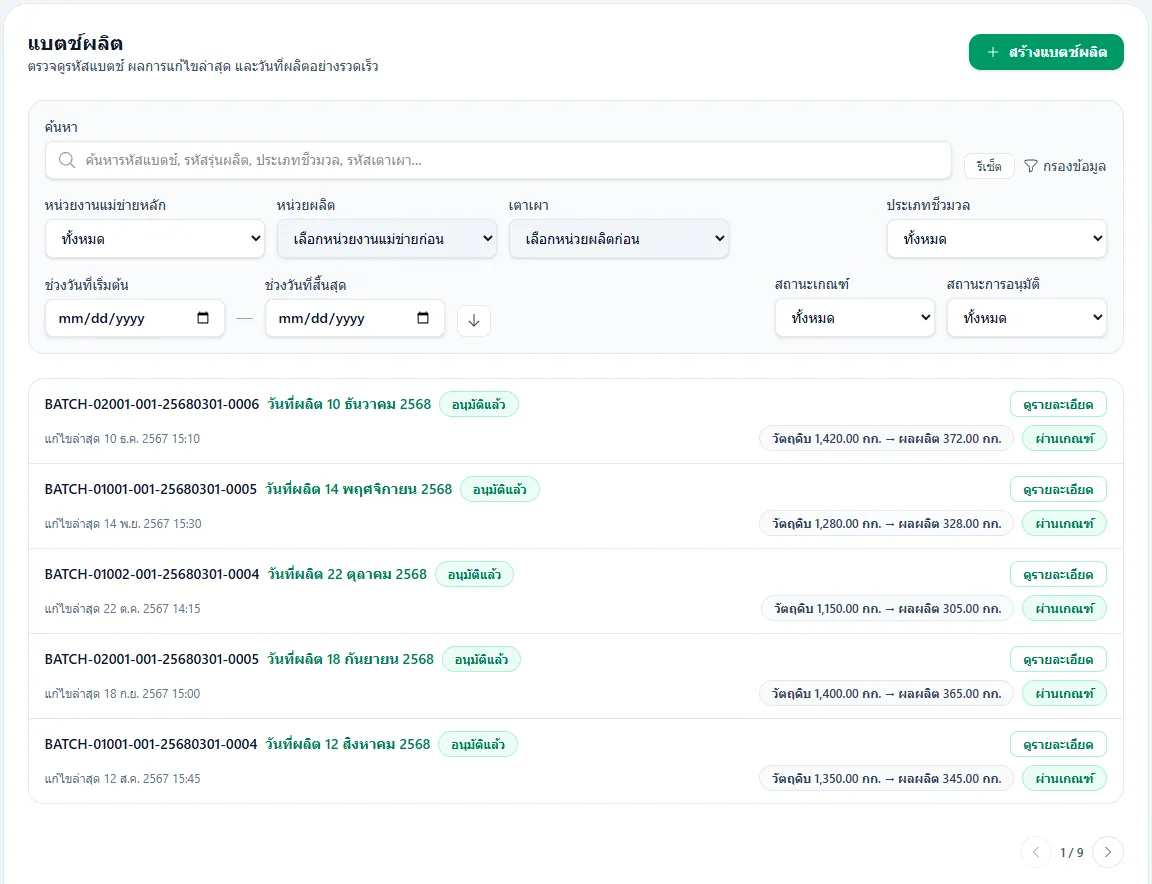 Production batch management list