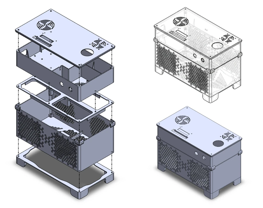 แบบ CAD ของ​ตัว​เครื่อง: ภาพ​แยก​ชิ้น​แสดง​โครงสร้าง​ที่​ซ้อน​กัน​เป็น​ชั้น ช่อง​ระบาย​อากาศ และ​ตำแหน่ง​พัดลม จอ และ​ข้อ​ต่อ​น้ำ