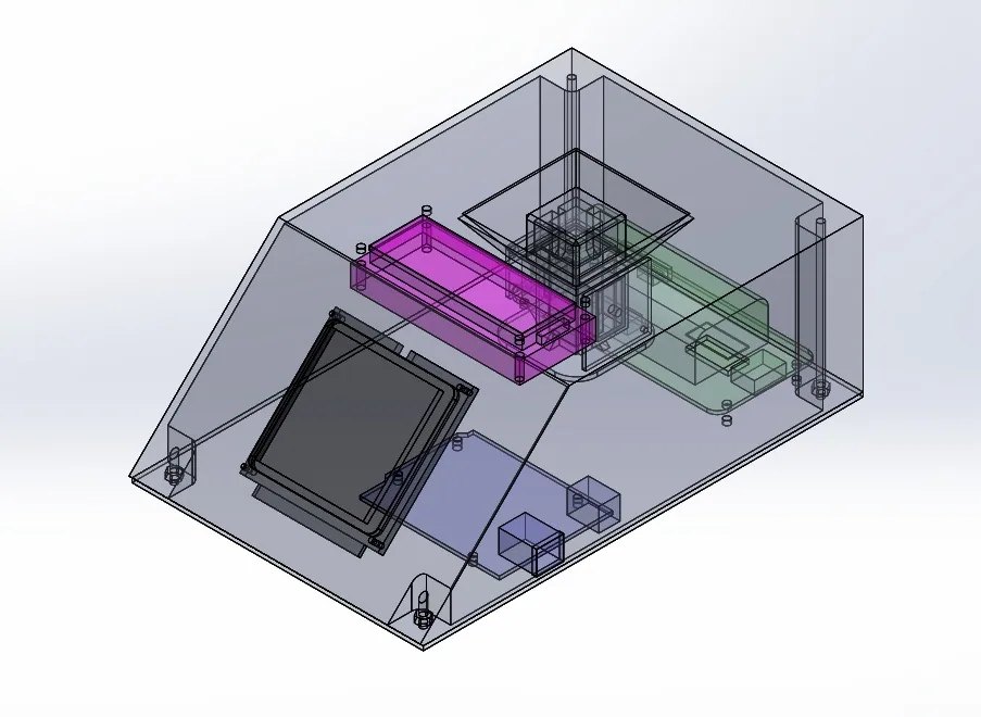 แบบ CAD ของตัวเรือน แสดงการจัดวางเซนเซอร์ ช่องใส่ตัวอย่าง จอ และวงจรภายใน
